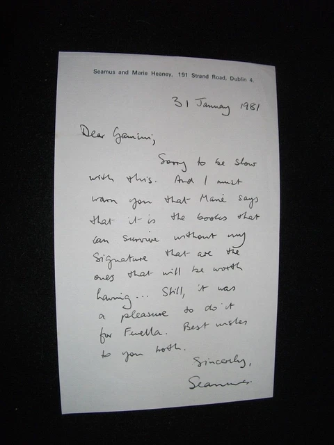 Seamus Heaney. Original Hand Written Letter. Signed. 1981