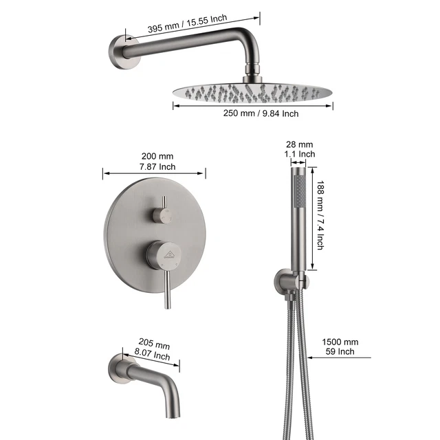 CASAINC 10in Round Wall Mount Waterfall Built-In Shower System w/ 3-way Diverter