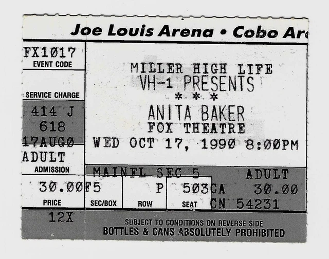 Anita Baker & Perri 10/17/90 Detroit MI Fox Theatre Rare Ticket Stub