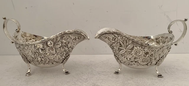 Pair Of Large Kirk & Son Co Hand Chased Sterling Repousse Gravy Boats 1896-1924