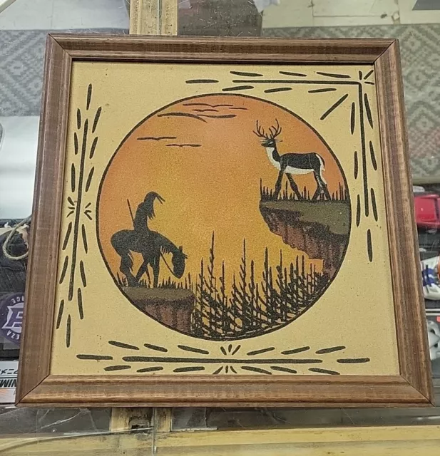 Vintage Navajo Framed Sand Painting  Artist Signed Alex Lee "End of Trail" Deer