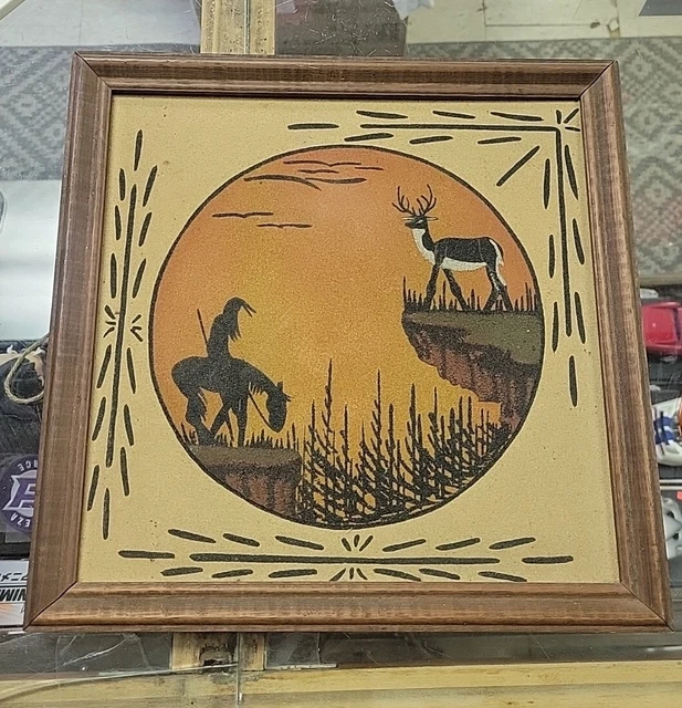 Vintage Navajo Framed Sand Painting  Artist Signed Alex Lee "End of Trail" Deer