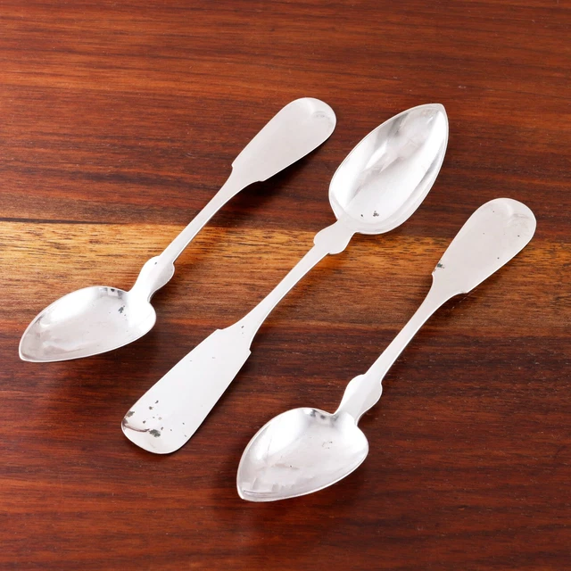3 Currier & Trott Boston Coin Silver Teaspoons Upturned Fiddle Tipped 1830-65