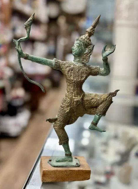 ANTIQUE 1920c THAI RATTANAKOSIN GILT BRONZE PRINCE RAMA DANCING WITH BOW 10”