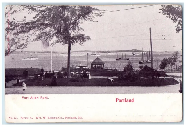 c1905 Fort Allen Park Beach Shed Tourists Sailboats Portland Maine ME Postcard