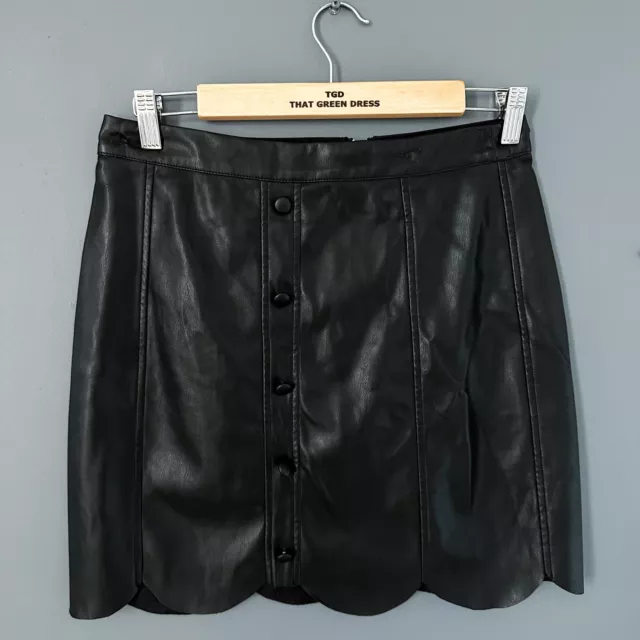 Ladies River Island Black Faux Leather Short Scalloped Hem Mini Skirt Size 10