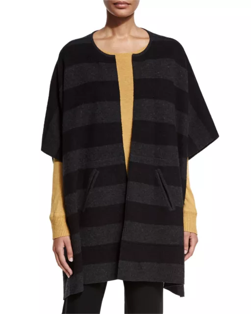 Eileen Fisher Reversible Felted Striped Wool Poncho Charcoal And Black OS