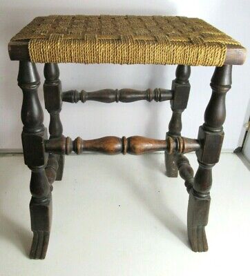 Antique Victorian Attractive Oak Rattan Top Stool Worked Turned 4