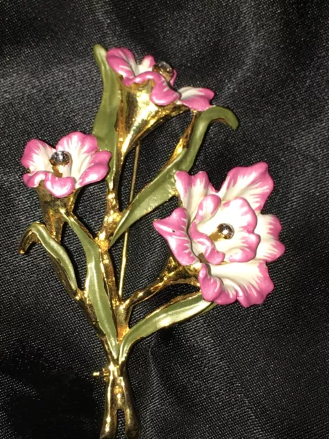 New Pink Flower Hand Painted Enamel Brooch Gold Pin Vtg