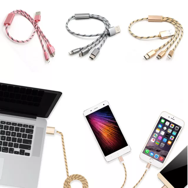 ✿ 3 IN 1 Schnell Laden Kabel Nylon Schnur Für IPHONE Typ C Android USB