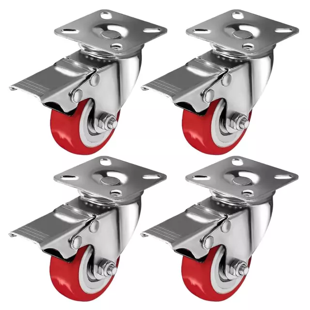 4 Pack Caster Wheels Swivel Plate on Red Polyurethane Wheels (2 Inch with Brake)