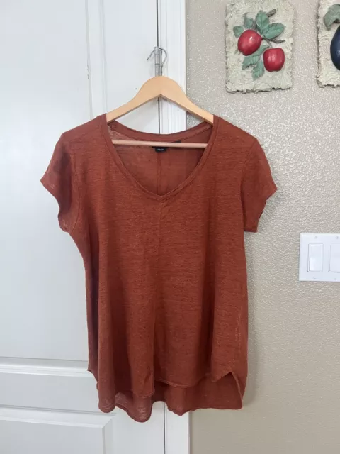 Tahari Women's Linen V-Neck Rusty Orange Short Sleeve T Shirt Size Medium