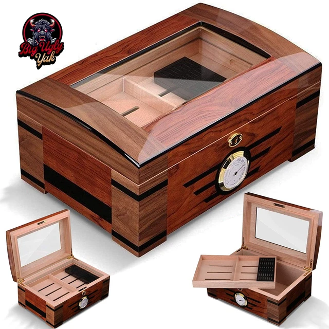 CIGAR HUMIDOR FRONT Mounted Hygrometer Cedar Lined Storage Box Spanish ...