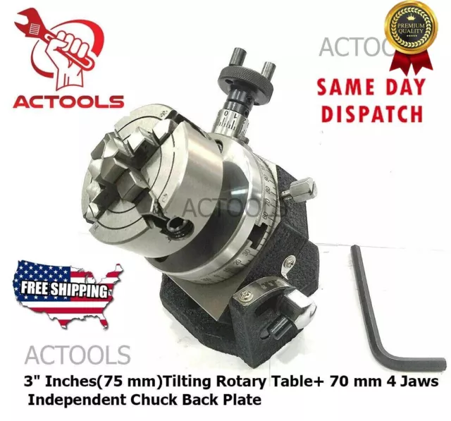 3" 75 mm Tilting Rotary Table with 70 mm 4 Jaws Independent Chuck Back Plate USA