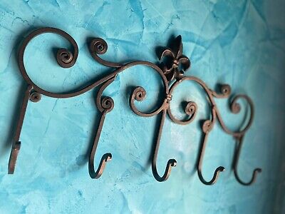 Wrought Iron Wall Mount Coat Rack With Five Hooks & Fleur De Lis Scroll Accent