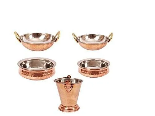 Juego de cubeta de cobre, 2 Handi, 2 Kadai, vajilla y servicio (paquete de 5)