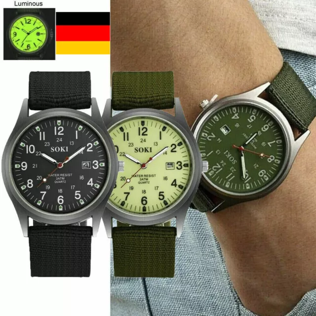 Armbanduhr Militär Herren Armee Stoff Uhrenband Grün Quarz Watch Sports DE