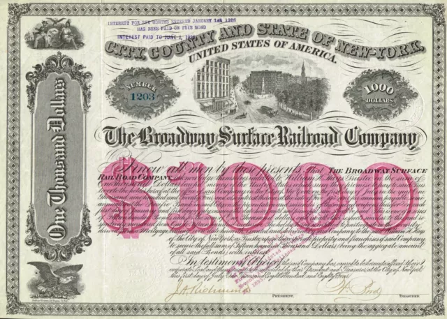 USA BROADWAY SURFACE RAILROAD COMPANY stock/bond certificate