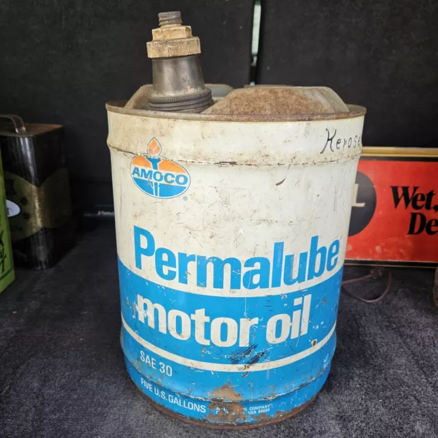 Vintage 1960'S Standard Amoco Oil Company Permalube 5 Gallon Motor Oil Can Sign