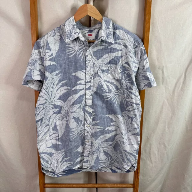 Levi's Button Up Shirt Mens Medium Blue Floral Hawaiian Print Short Sleeve