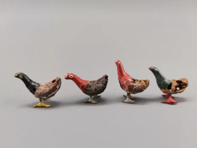 Brotteig Mini Wachteln Hühner SET 4 tlg. 2 cm farbig ANTIK uralt Rarität Sammler