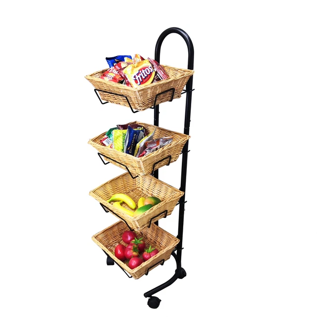 Rolling Wicker Basket Display Market Merchandiser Stand Kitchen Pantry Organizer