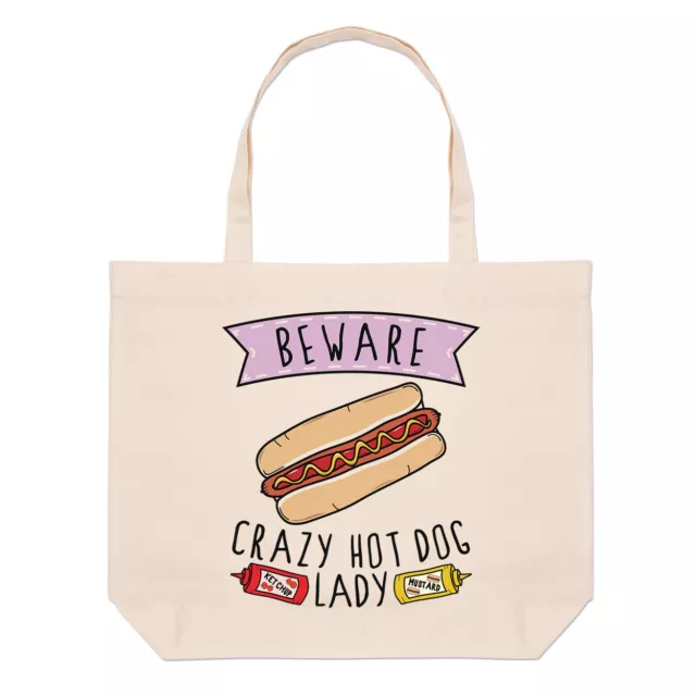 Beware Crazy Hot Dog Lady Large Beach Tote Bag Fast Food Funny Joke Chilli