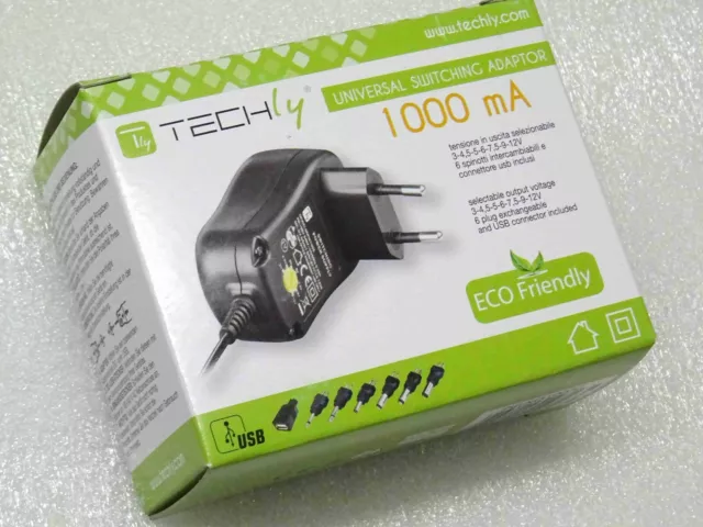 techly IPW-NTS1000G alimentation DC 3v 4.5v 5v 6v 7.5v 9v 12v 1A (embouts:6+USB)