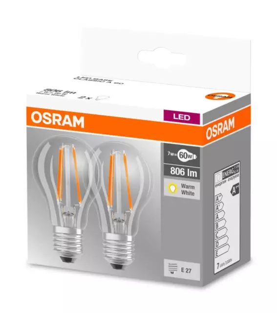 Osram 10er Pack LED BASE CLASSIC A 60 7W = 60W E27 Filament LED Birne Warmweiß 3