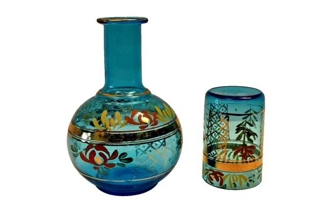 Paire De Vases En Verre Soufflé Turquoise - Décor Floral Peint à La Main - Occasion