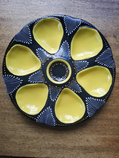 2 HB Quimper Yellow and Black 9 1/4" Oyster Plates mid 1900's F. 406 - Excellent