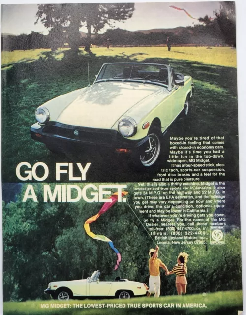 1977 MG Midget White Go Fly A Midget Vintage Color Print Ad