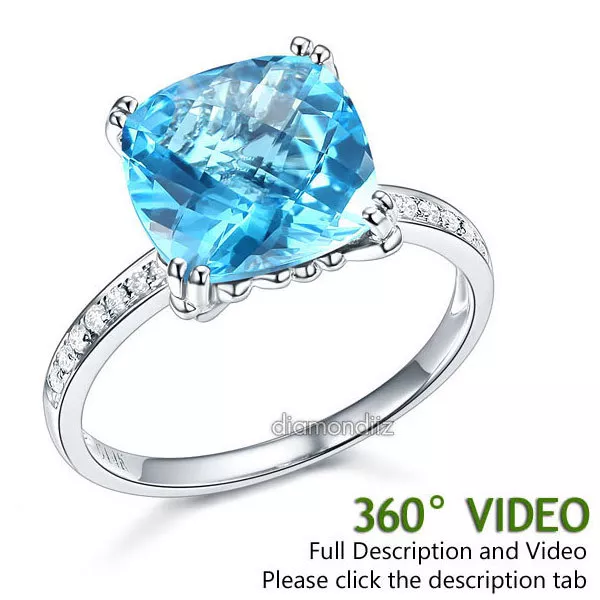 14K White Gold Wedding Anniversary Ring 4.5 Ct Cushion Swiss Blue Topaz Diamond