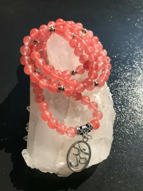 Cherry Quartz Stone Stretch Mala Bracelet with OM Charm 6MM 108 Beads