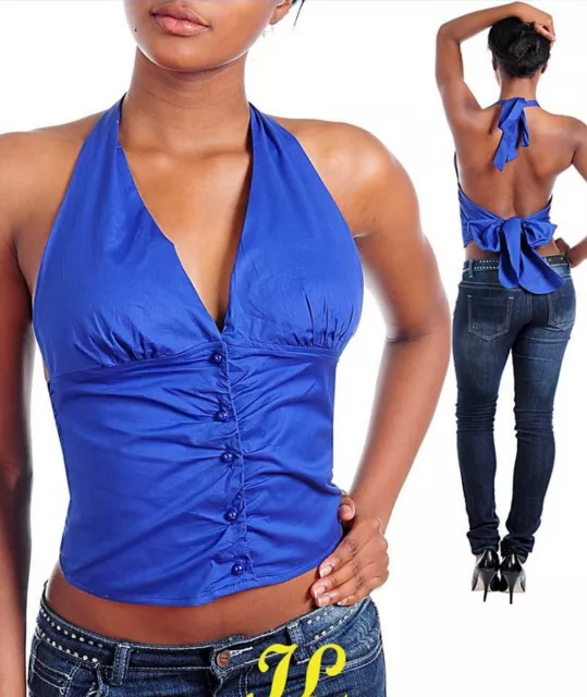 Top elegante camicia corta donna blu smanicata scollo all'americana nuova #