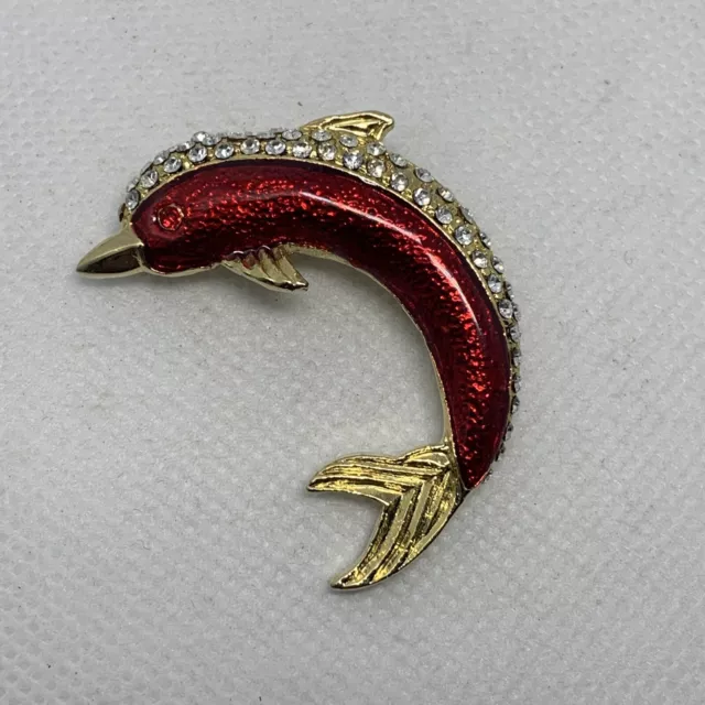 Vintage Red Enamel White Rhinestone Dolphin Fish Brooch Pin Gold Tone 1.5"