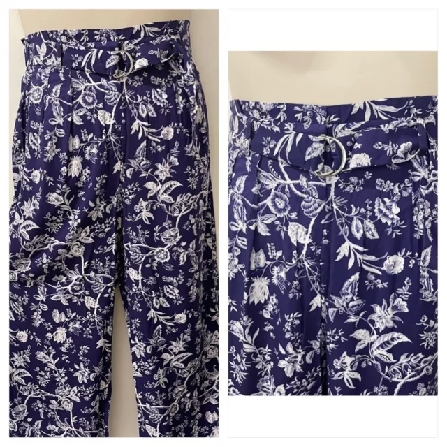 OASIS Ladies Navy Floral Wide Leg Elasticated Trousers Sizes 6-16 RRP £39