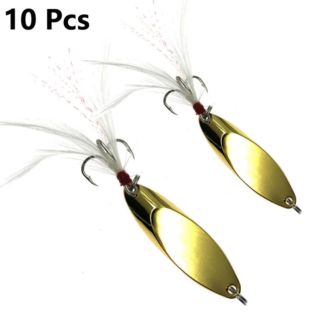 10 Pcs Single Metal Spoon Feather Bait Offshore Angling Treble Hook