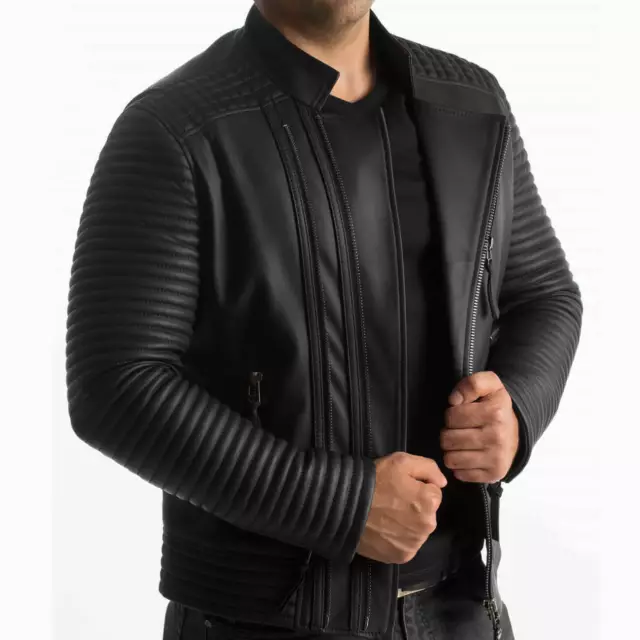 Mens Leather Jacket Black Quilted Genuine Lambskin Biker Motorcycle Jacket - 195