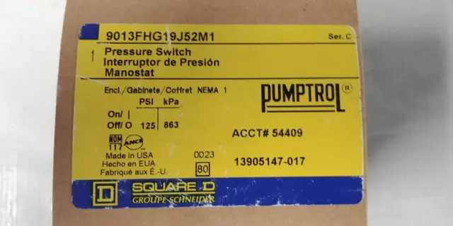 NEW PumpTrol Square D 9013FHG19J52M1 : Pressure Switch OEM