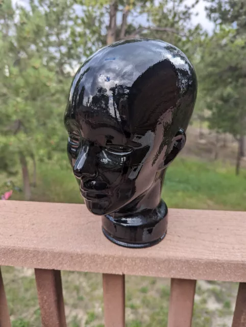 Vintage Pier 1 Black Art Glass Mannequin Head Bust Wig Hat Display Made in Spain