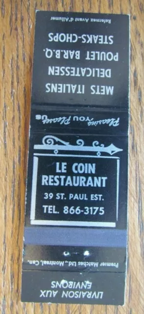 Deli Restaurant Matchbook Cover: Coin Restaurant Montreal, Quebec Matchcover -D8