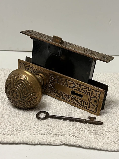 Antique Brass Ornate Door Knob Set w/ Working Skeleton Key