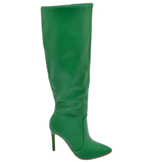 Stivali alti donna al ginocchio in pelle verde bosco a punta tacco a spillo 12 c