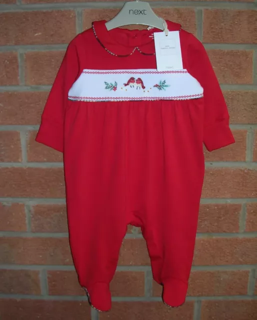 BNWT NEXT Girls Red Tartan Christmas Robin Romper All-in-One Age NEWBORN NEW