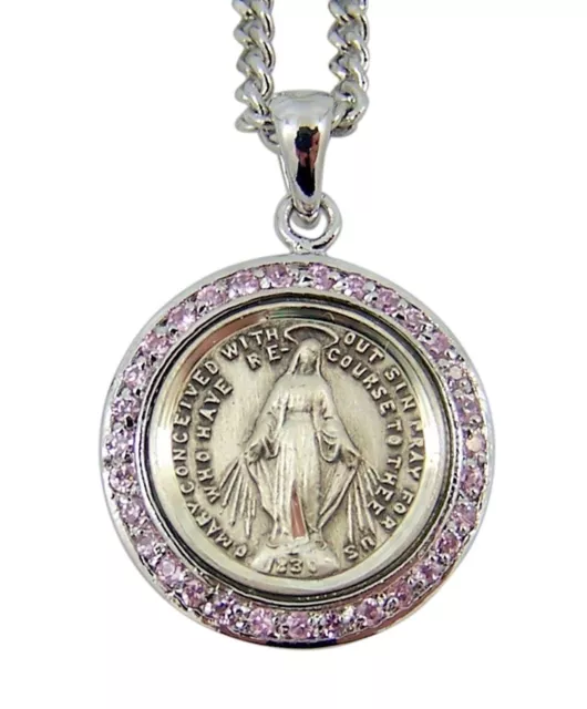 Sterling Silver Round Miraculous Medal Pendant with Pink Glass Accent Border