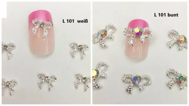 2 St. Overlays Nagelschmuck Deko Strass Schleife silber weiß + bunt  #L 101