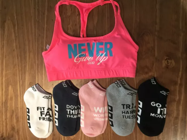 Lorna Jane Never Give Up Workout Yoga Sport Bra + Inspiring Days Socks 5 Pairs