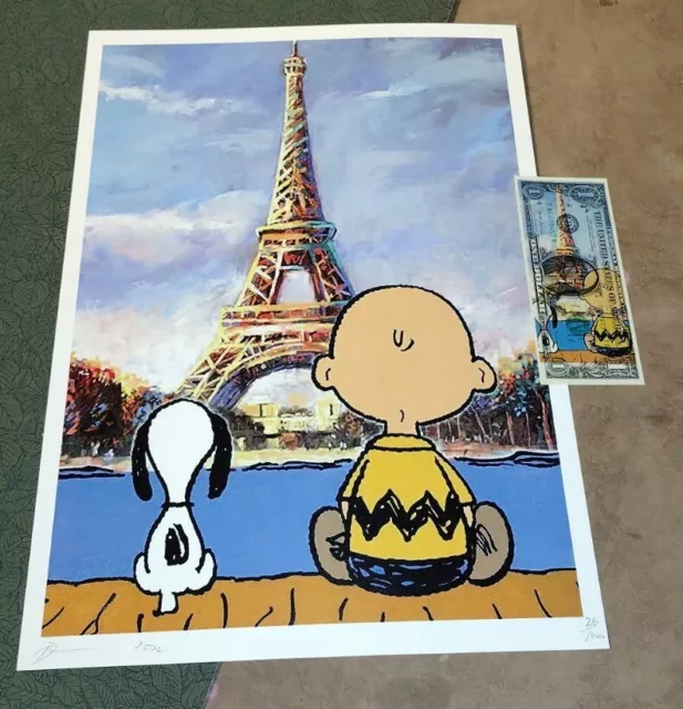 DEATH NYC ltd ed signed art print & USD $1 Dollar Charlie Brown Snoopy in Paris