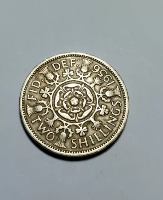 1956 Great Britain Two Shillings Coin, Tudor Rose with Thistle & Shamrock Wreath